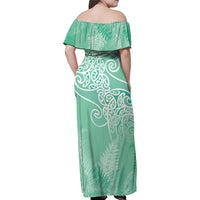 Aotearoa Maori Koru Curves Family Matching Off Shoulder Maxi Dress and Hawaiian Shirt Silver Ferns - Mint LT7 - Polynesian Pride