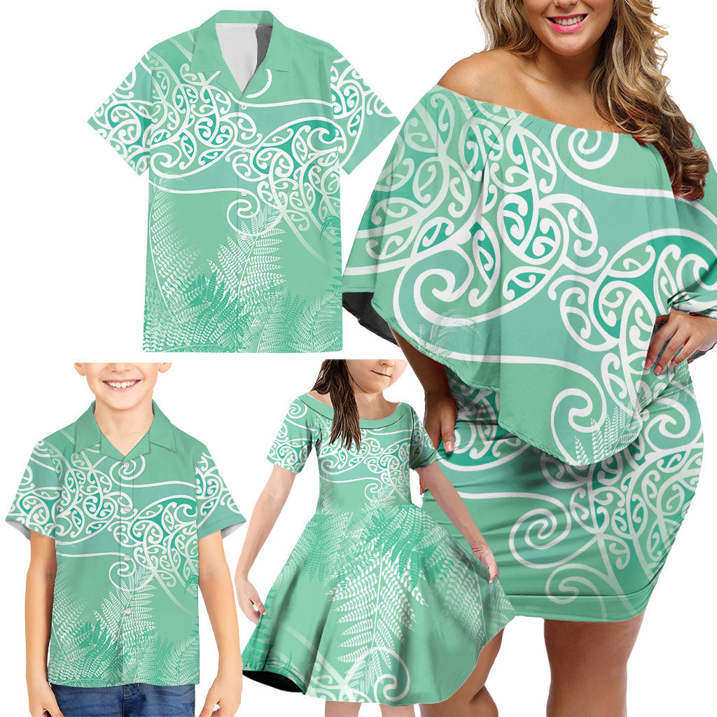 Aotearoa Maori Koru Curves Family Matching Off Shoulder Short Dress and Hawaiian Shirt Silver Ferns - Mint LT7 - Polynesian Pride