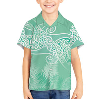 Aotearoa Maori Koru Curves Family Matching Off Shoulder Short Dress and Hawaiian Shirt Silver Ferns - Mint LT7 Son's Shirt Mint Green - Polynesian Pride