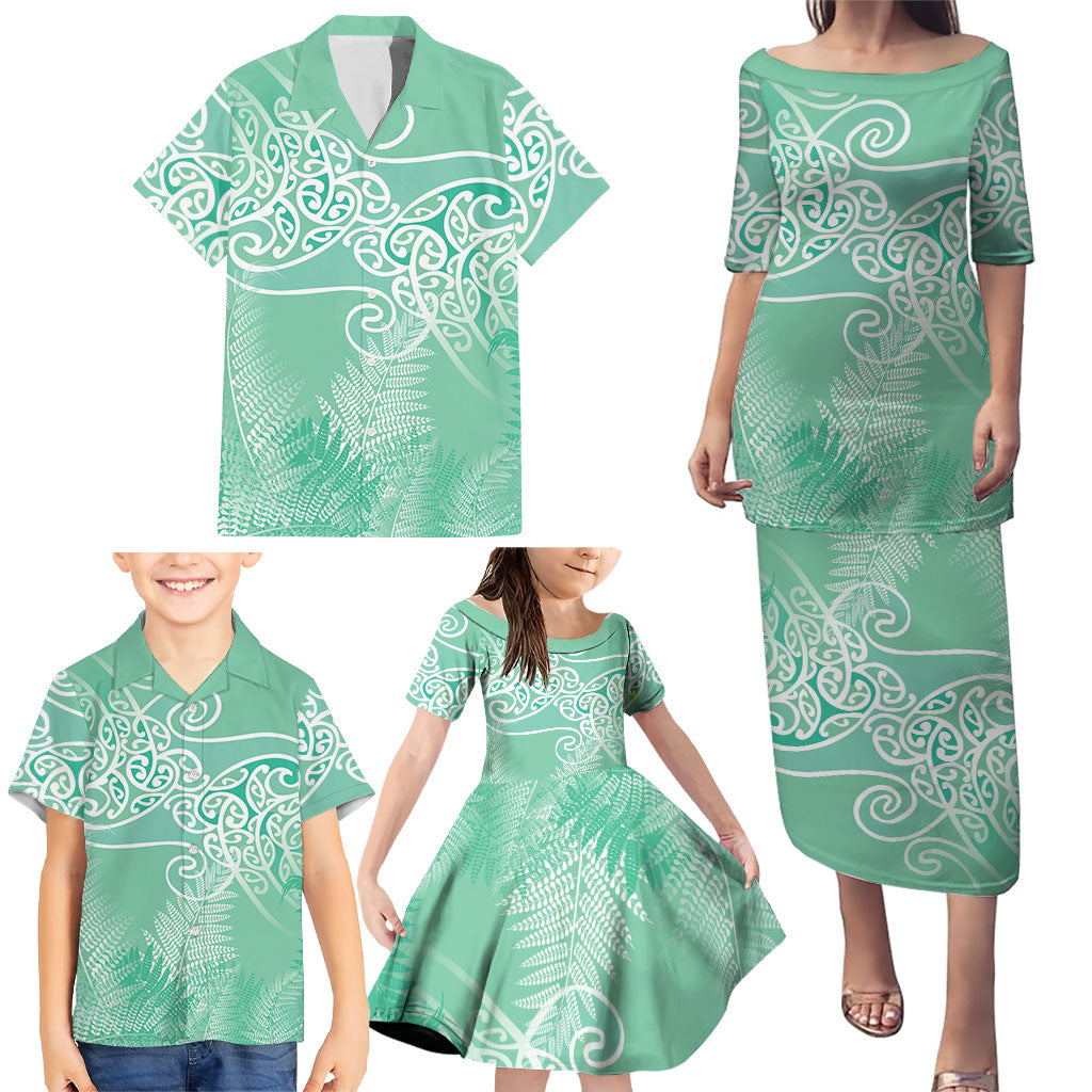 Aotearoa Maori Koru Curves Family Matching Puletasi and Hawaiian Shirt Silver Ferns - Mint