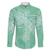 Aotearoa Maori Koru Curves Family Matching Short Sleeve Bodycon Dress and Hawaiian Shirt Silver Ferns - Mint LT7 Dad's Shirt - Long Sleeve Mint Green - Polynesian Pride