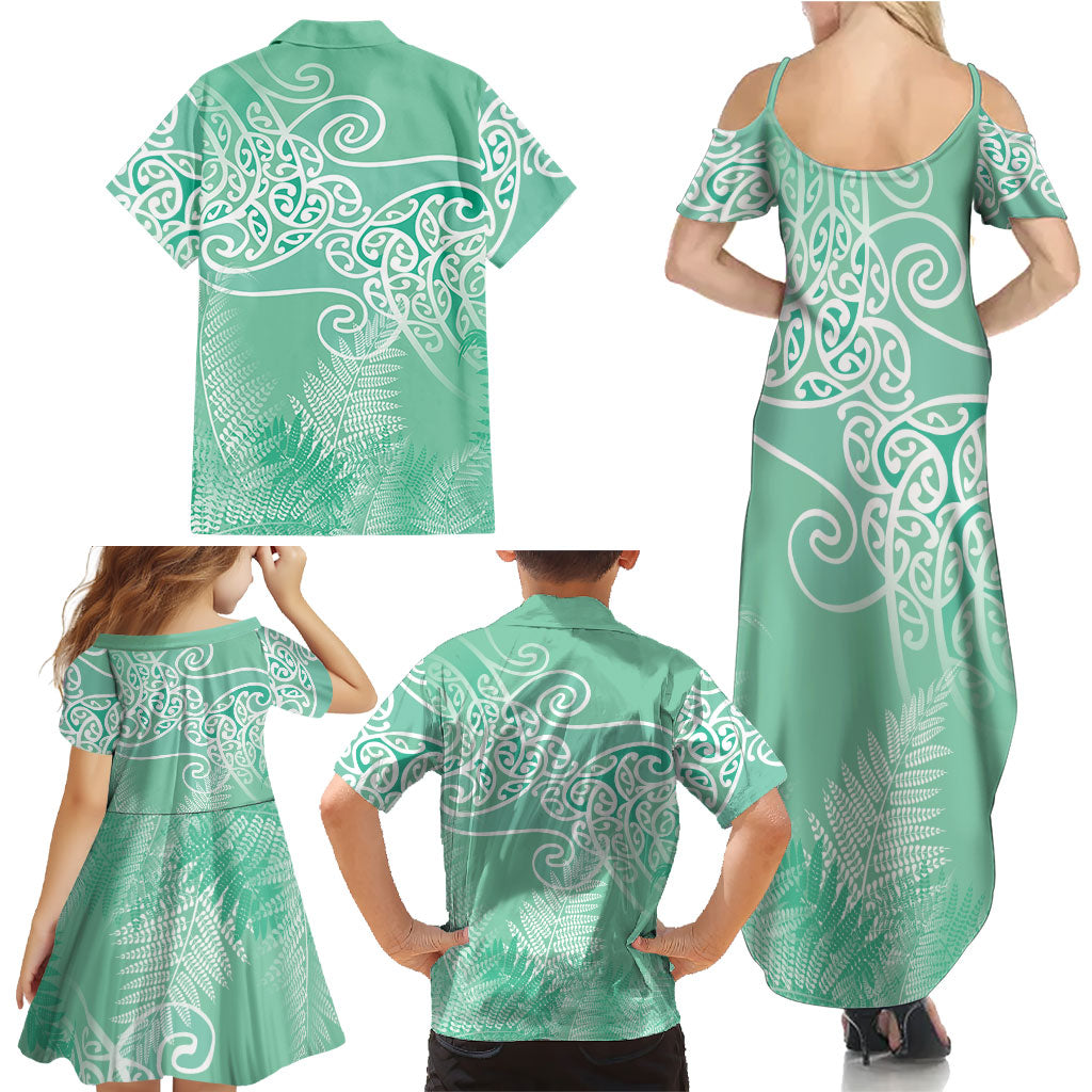 Aotearoa Maori Koru Curves Family Matching Summer Maxi Dress and Hawaiian Shirt Silver Ferns - Mint LT7 - Polynesian Pride
