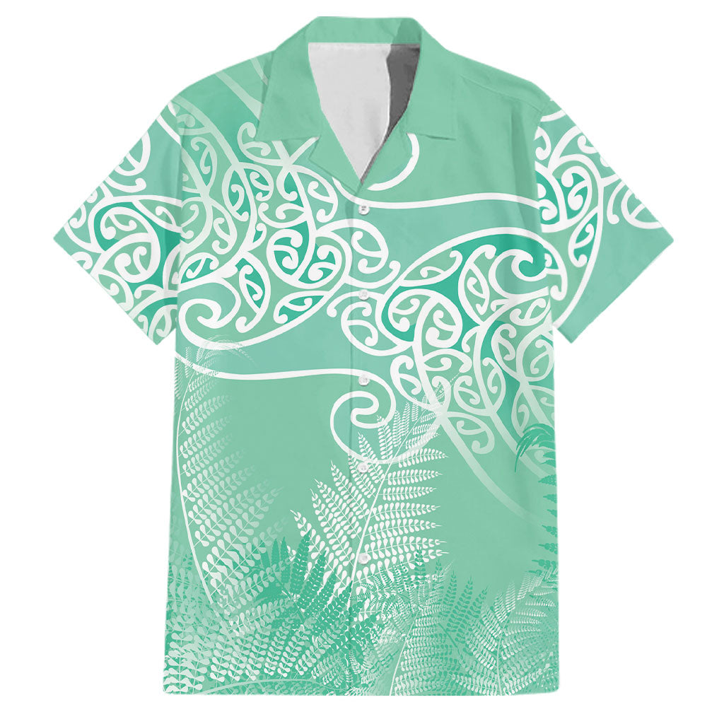 Aotearoa Maori Koru Curves Family Matching Summer Maxi Dress and Hawaiian Shirt Silver Ferns - Mint LT7 Dad's Shirt - Short Sleeve Mint Green - Polynesian Pride
