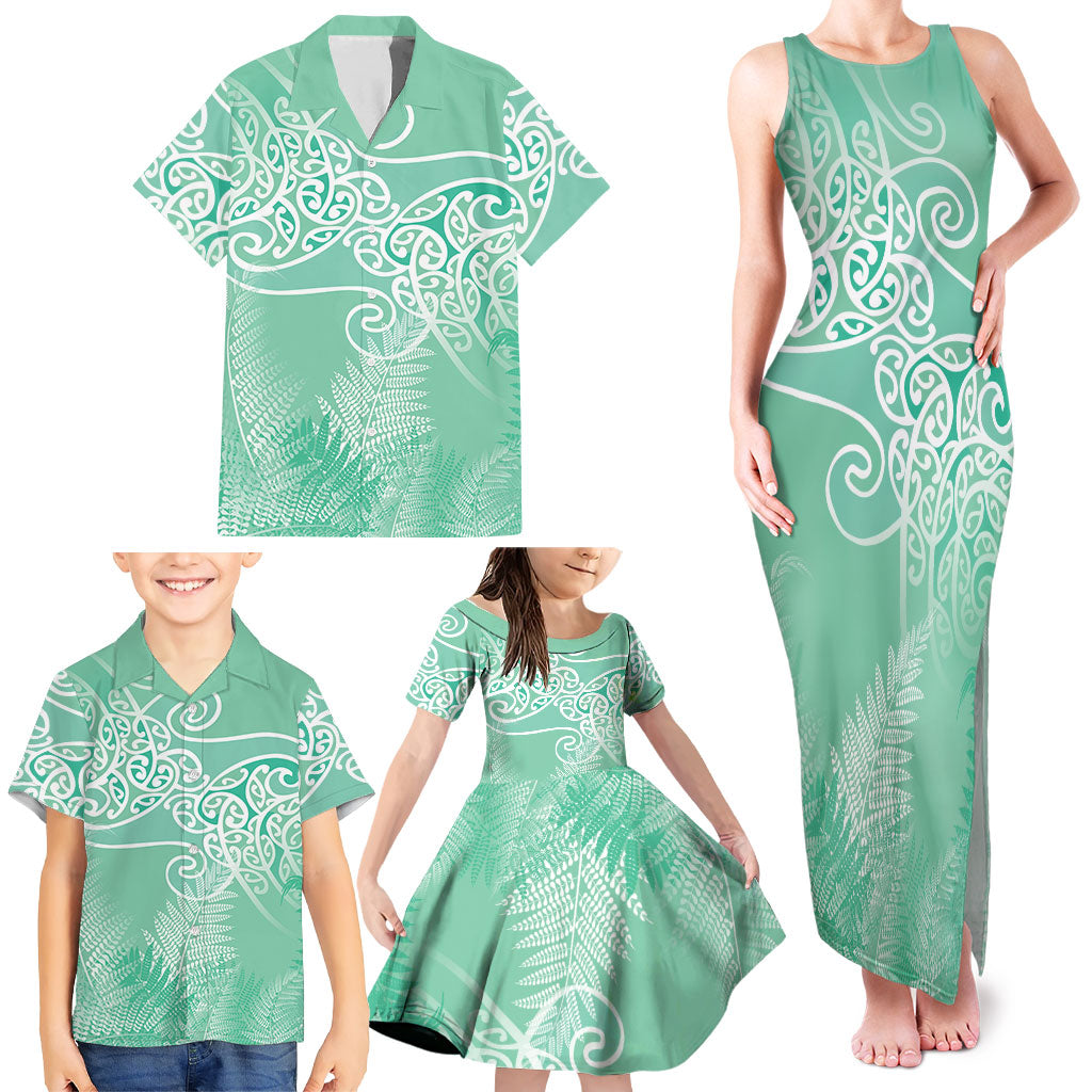 Aotearoa Maori Koru Curves Family Matching Tank Maxi Dress and Hawaiian Shirt Silver Ferns - Mint