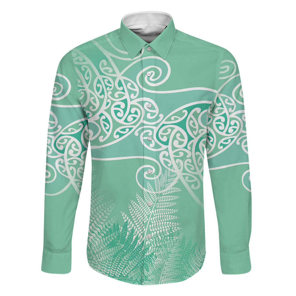 Aotearoa Maori Koru Curves Family Matching Tank Maxi Dress and Hawaiian Shirt Silver Ferns - Mint LT7 Dad's Shirt - Long Sleeve Mint Green - Polynesian Pride