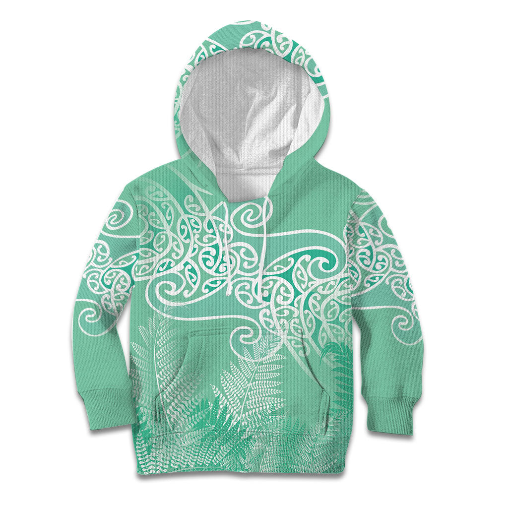 Aotearoa Maori Koru Curves Kid Hoodie Silver Ferns - Mint