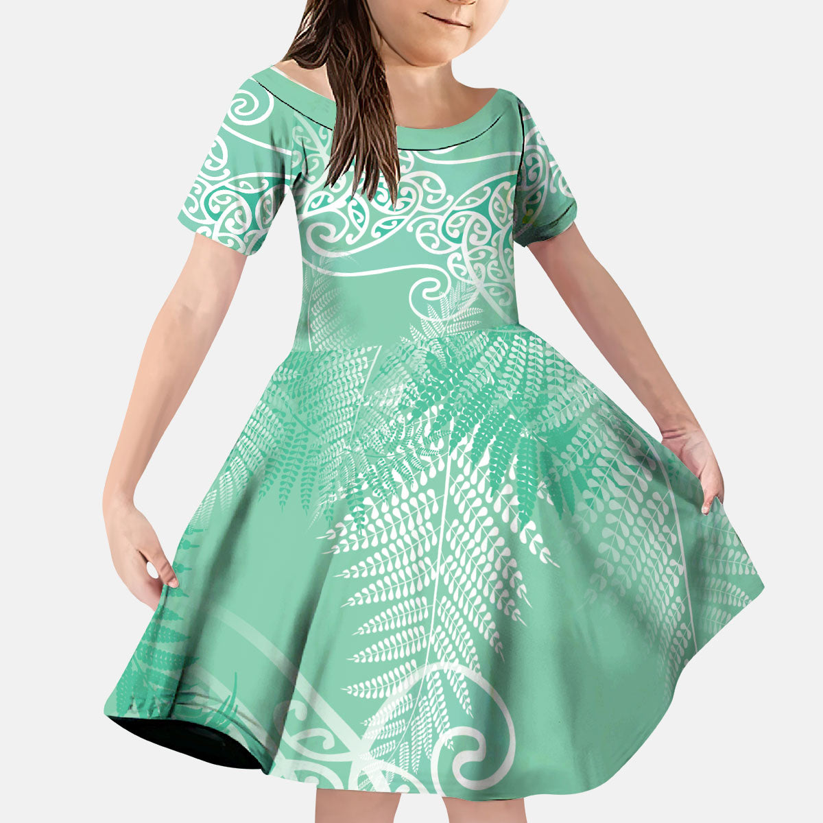 Aotearoa Maori Koru Curves Kid Short Sleeve Dress Silver Ferns - Mint