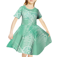 Aotearoa Maori Koru Curves Kid Short Sleeve Dress Silver Ferns - Mint