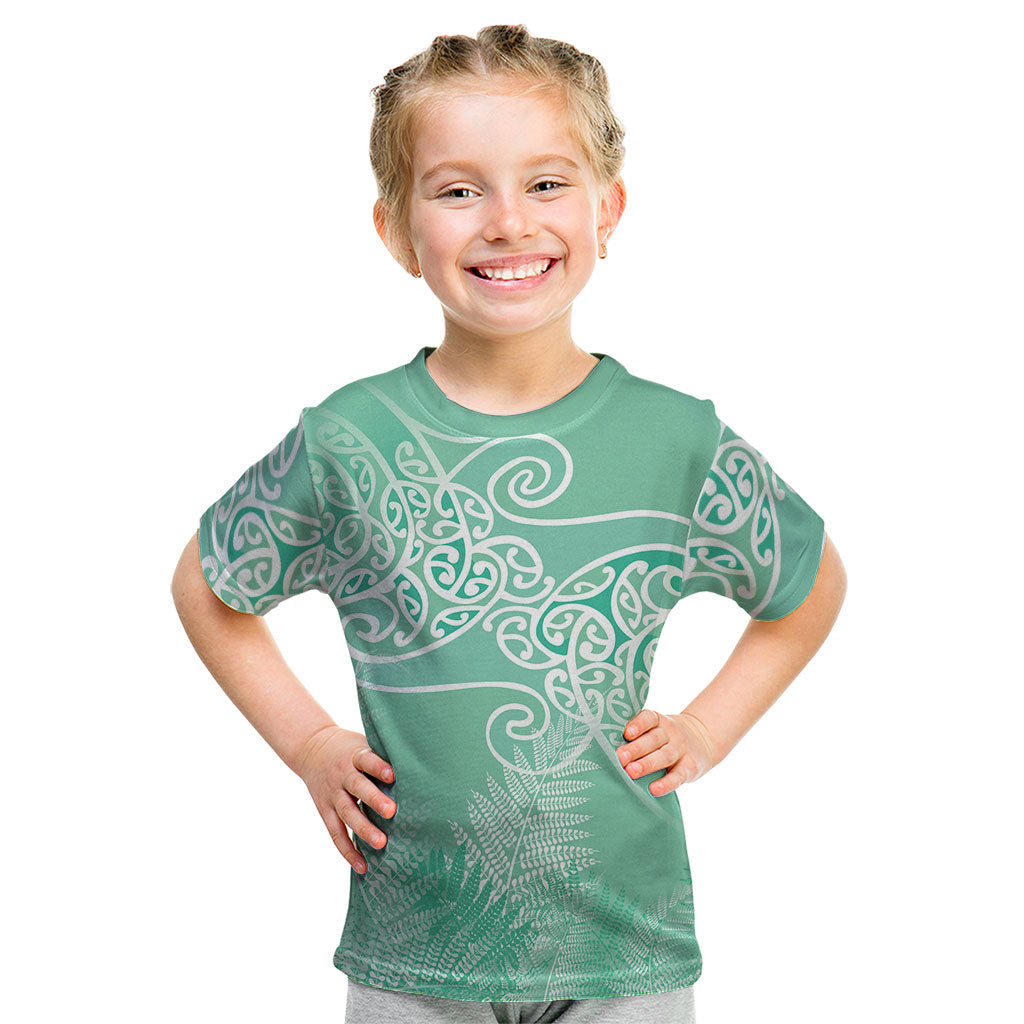 Aotearoa Maori Koru Curves Kid T Shirt Silver Ferns - Mint