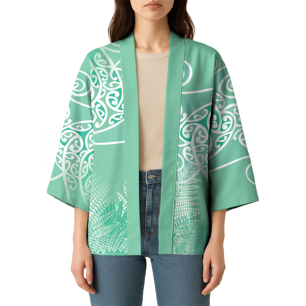 Aotearoa Maori Koru Curves Kimono Silver Ferns - Mint