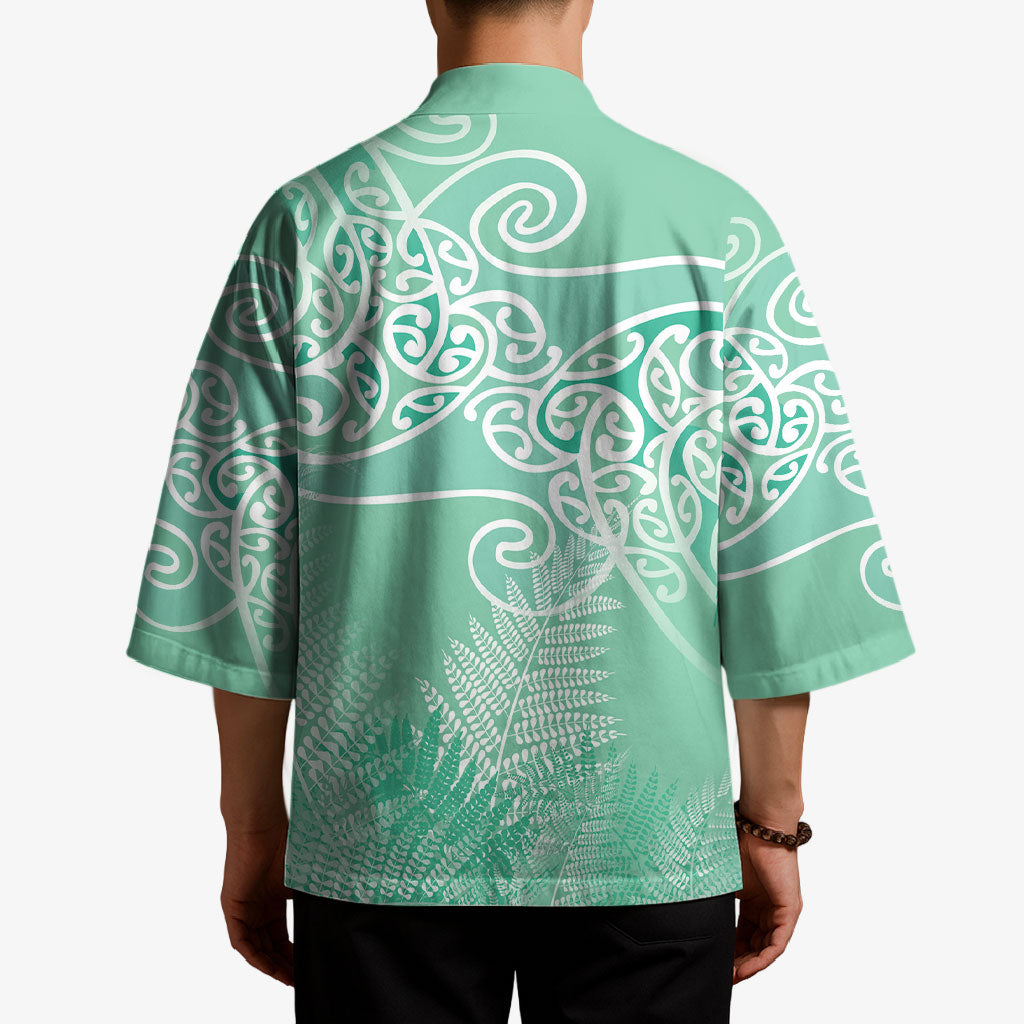 Aotearoa Maori Koru Curves Kimono Silver Ferns - Mint