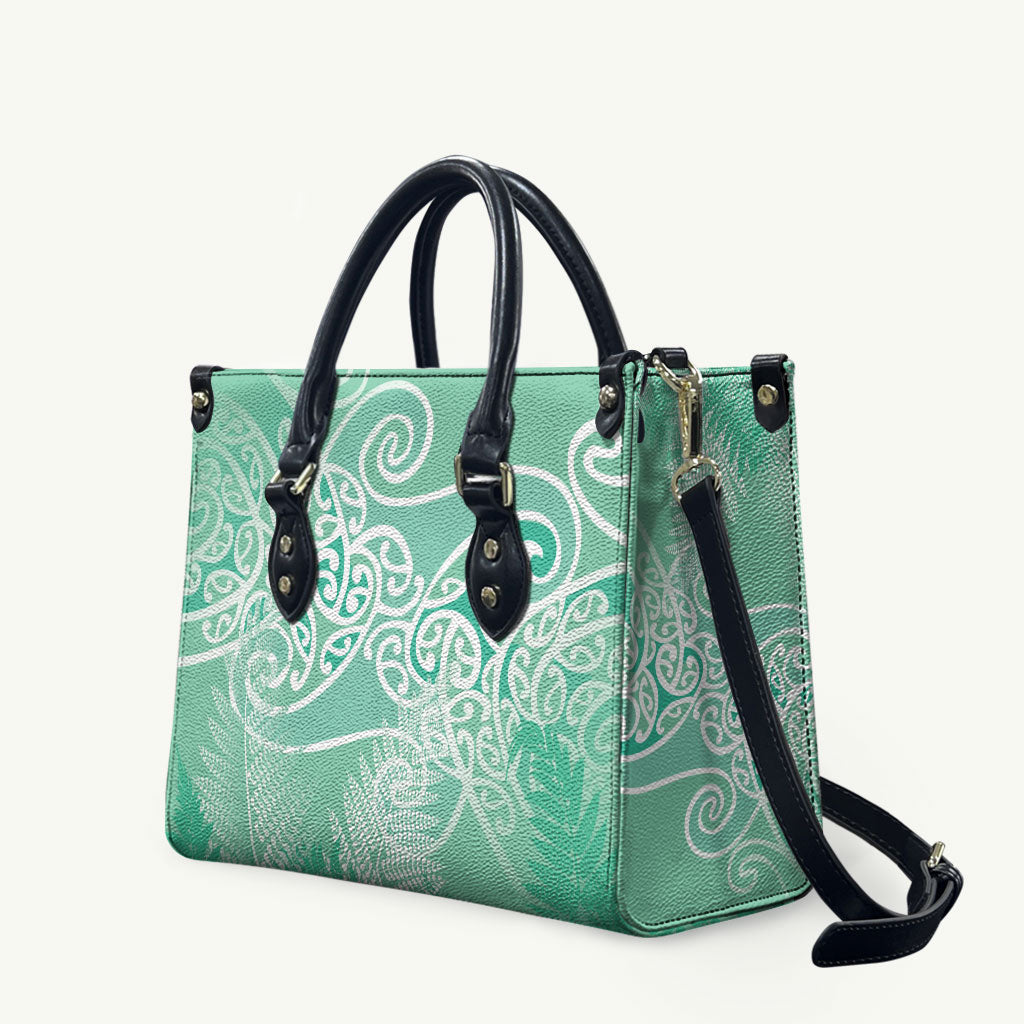 Aotearoa Maori Koru Curves Leather Bag Silver Ferns - Mint
