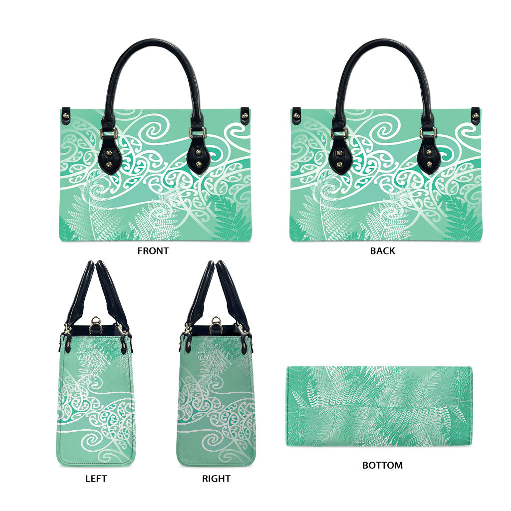 Aotearoa Maori Koru Curves Leather Bag Silver Ferns - Mint