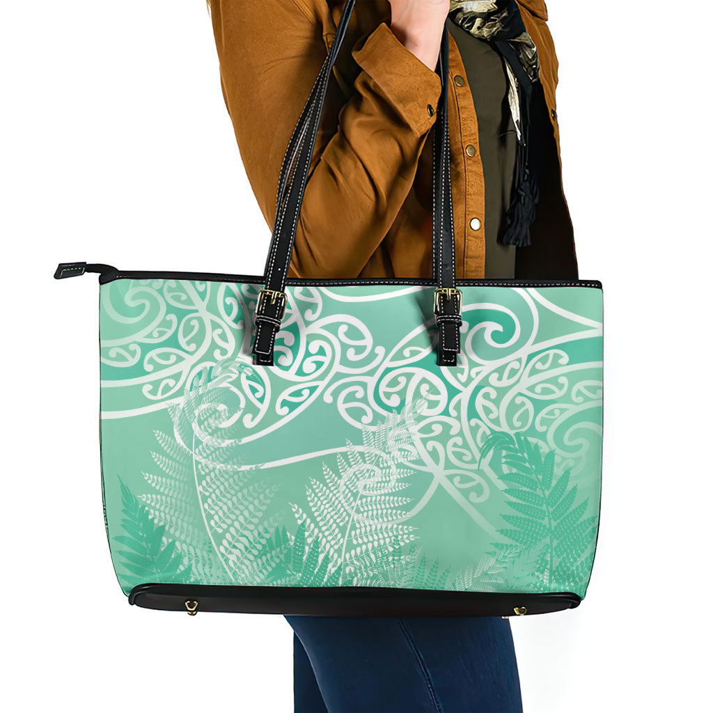 Aotearoa Maori Koru Curves Leather Tote Bag Silver Ferns - Mint