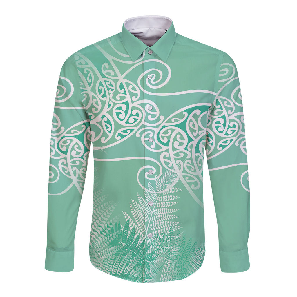 Aotearoa Maori Koru Curves Long Sleeve Button Shirt Silver Ferns - Mint