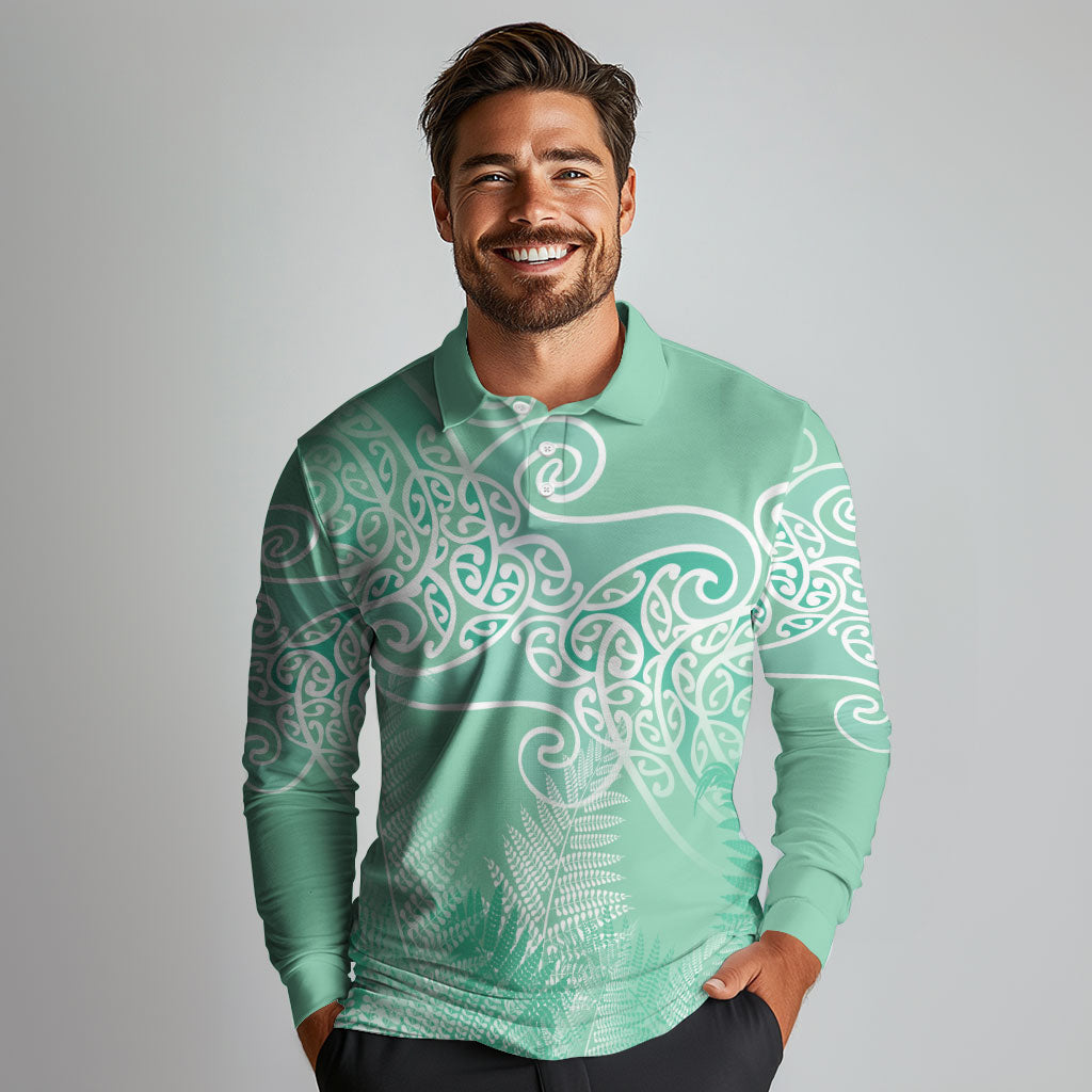 Aotearoa Maori Koru Curves Long Sleeve Polo Shirt Silver Ferns - Mint