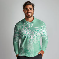 Aotearoa Maori Koru Curves Long Sleeve Polo Shirt Silver Ferns - Mint