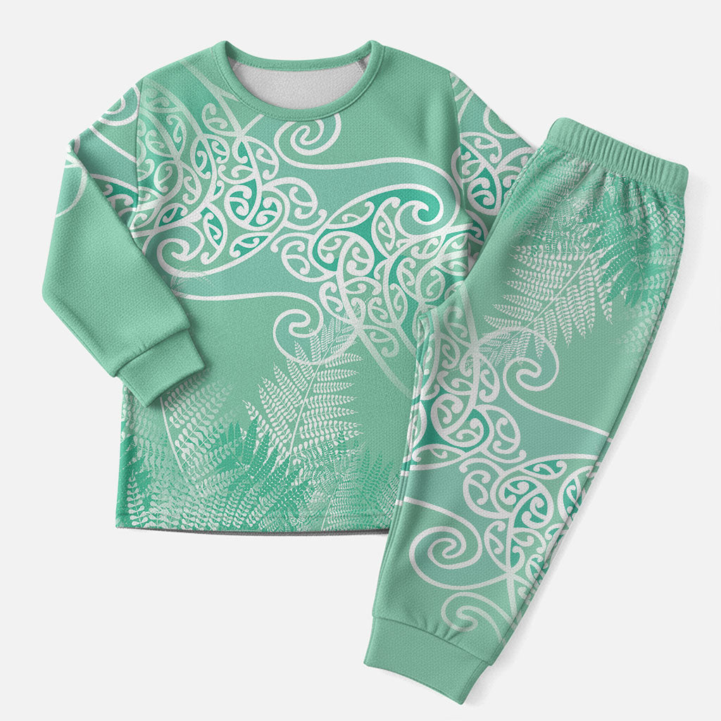 Aotearoa Maori Koru Curves Christmas Pajama Set Silver Ferns - Mint