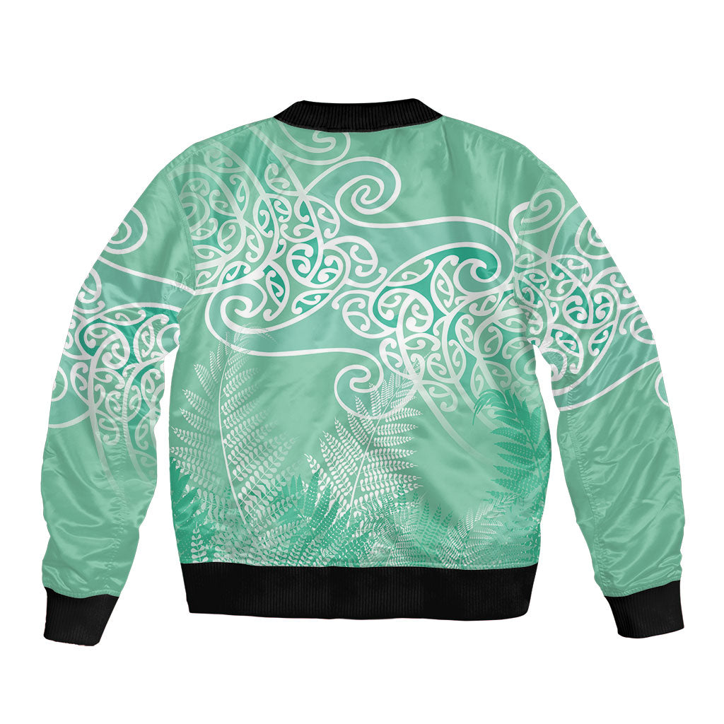 Aotearoa Maori Koru Curves Sleeve Zip Bomber Jacket Silver Ferns - Mint