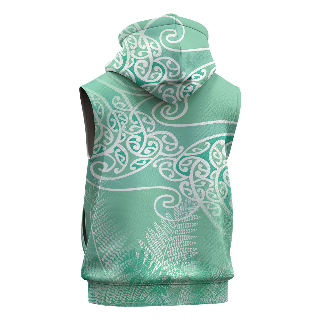 Aotearoa Maori Koru Curves Sleeveless Hoodie Silver Ferns - Mint