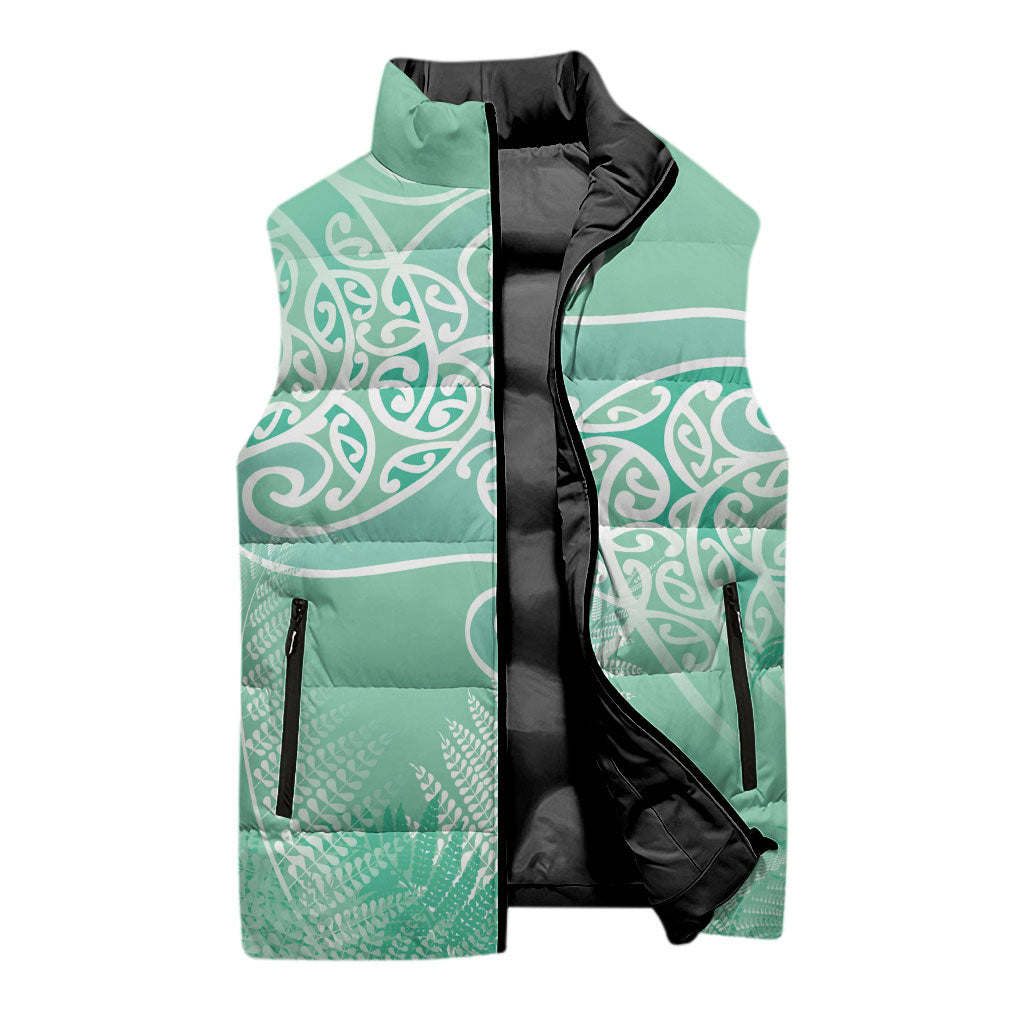 Aotearoa Maori Koru Curves Sleeveless Puffer Jacket Silver Ferns - Mint