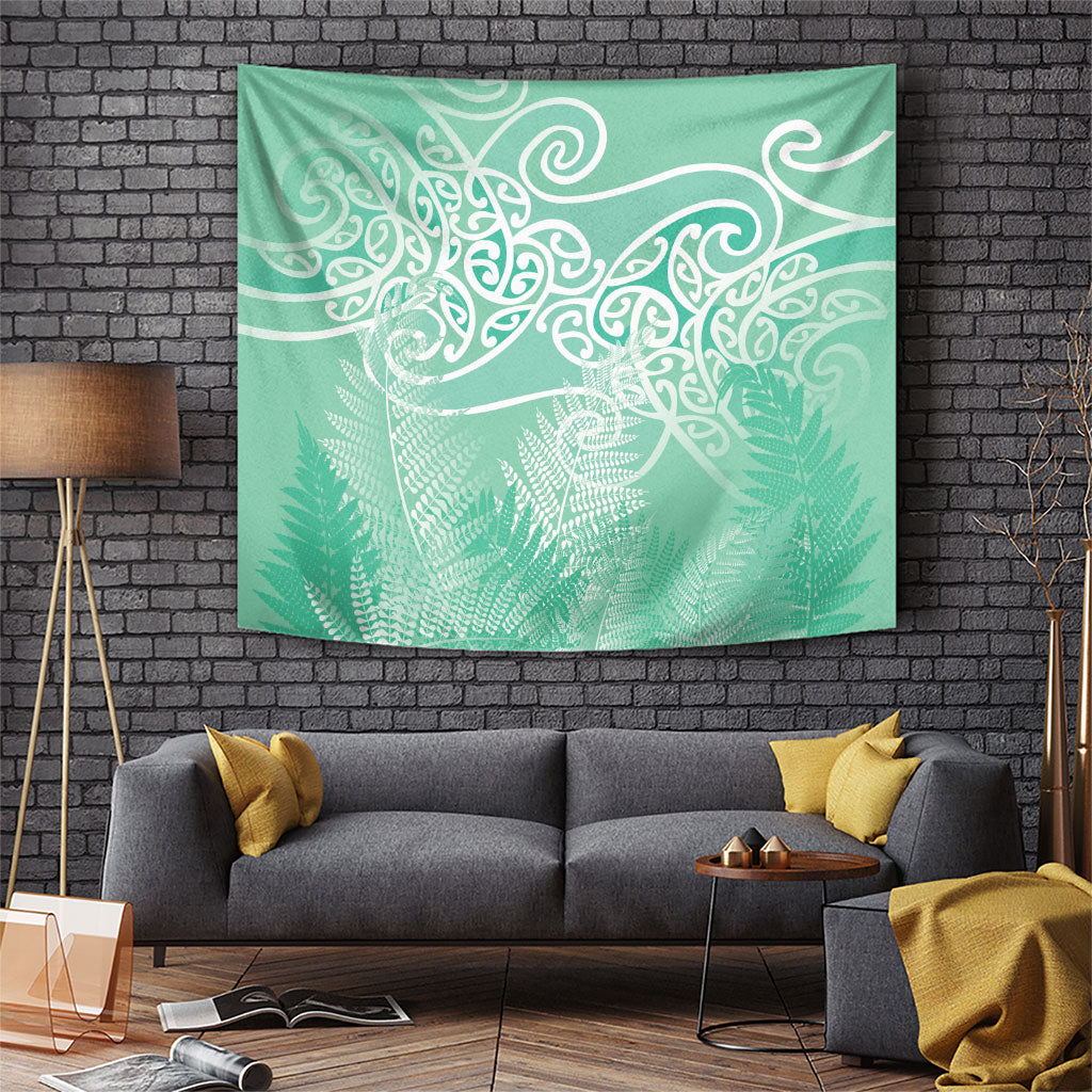 Aotearoa Maori Koru Curves Tapestry Silver Ferns - Mint