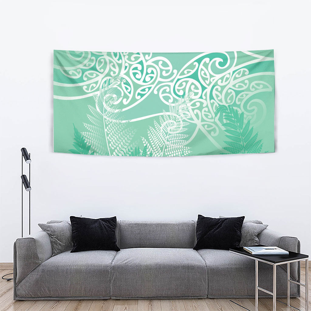 Aotearoa Maori Koru Curves Tapestry Silver Ferns - Mint