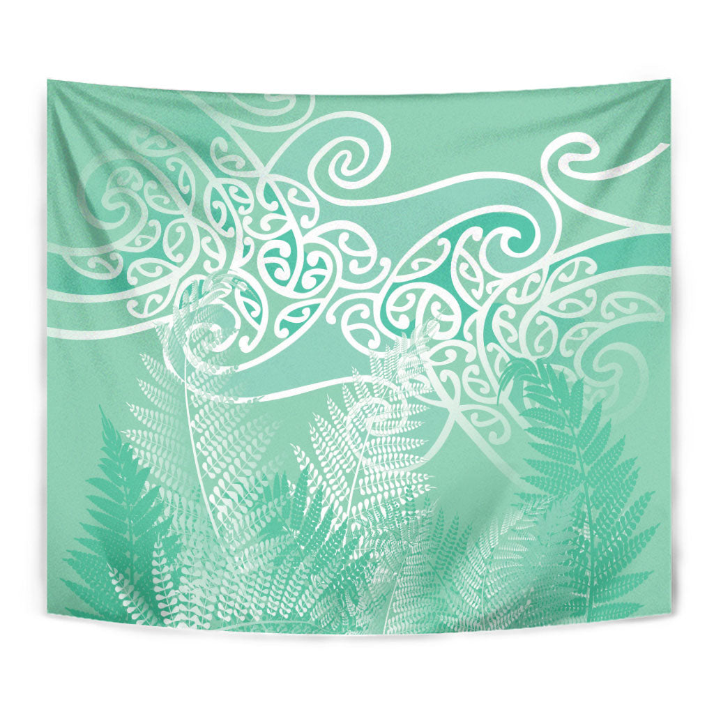 Aotearoa Maori Koru Curves Tapestry Silver Ferns - Mint