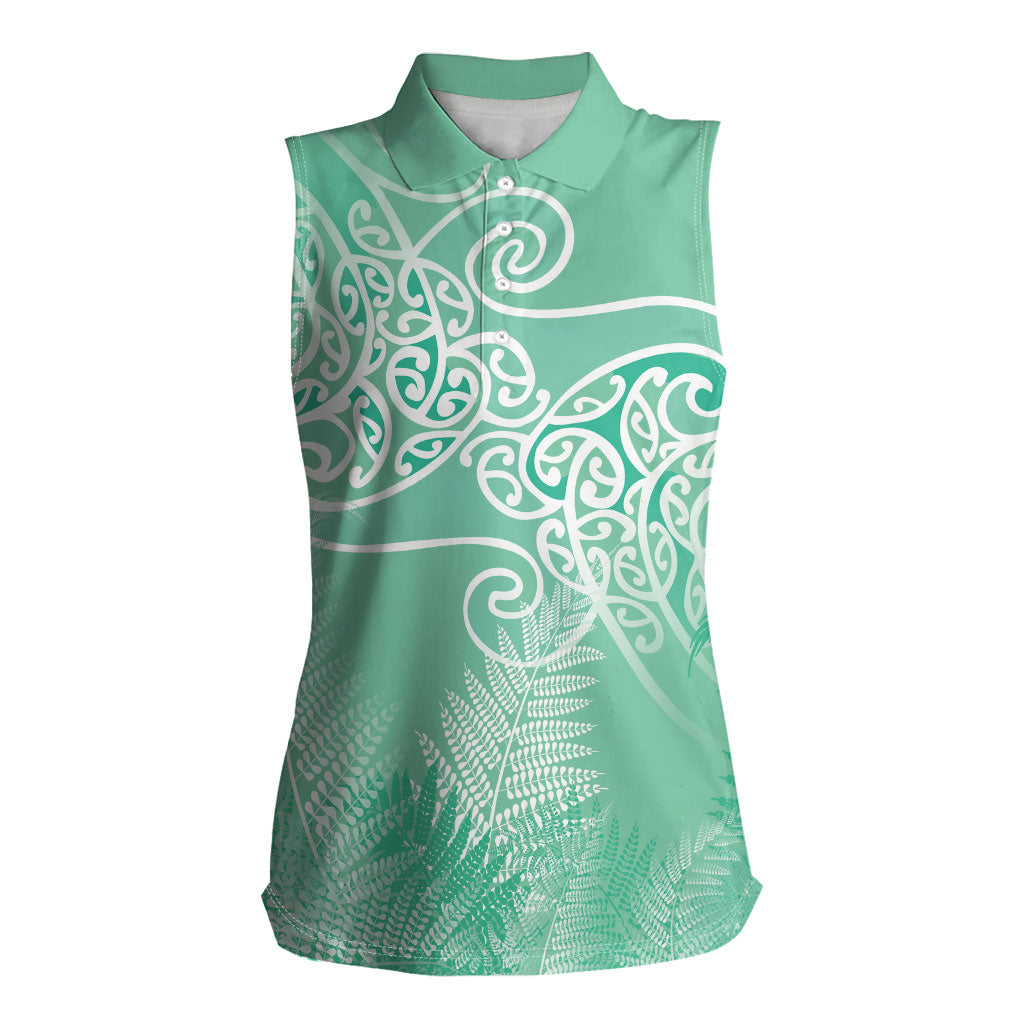 Aotearoa Maori Koru Curves Women Sleeveless Polo Shirt Silver Ferns - Mint