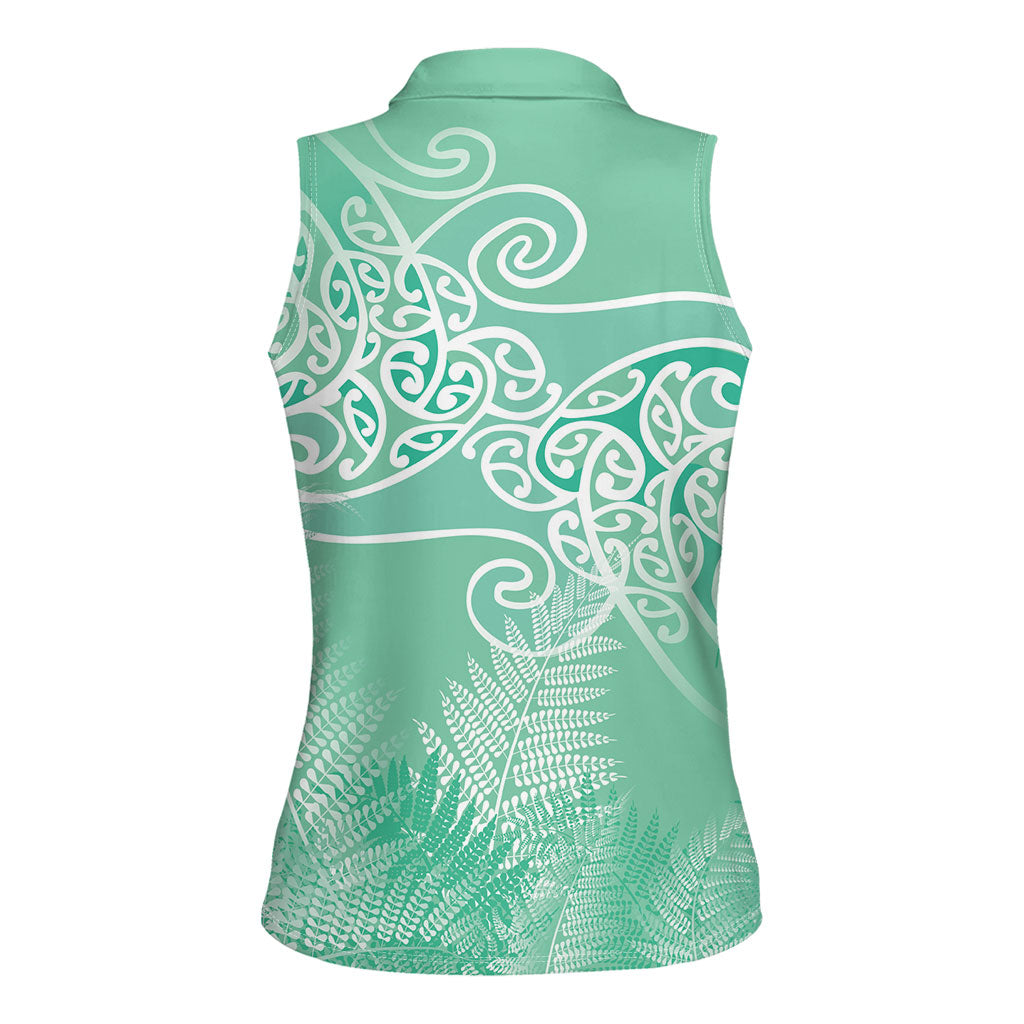 Aotearoa Maori Koru Curves Women Sleeveless Polo Shirt Silver Ferns - Mint