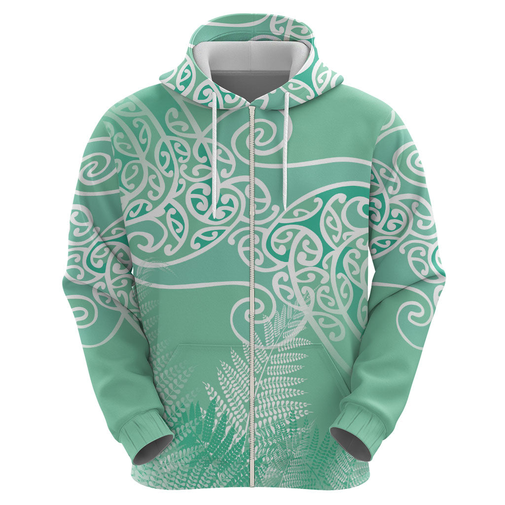 Aotearoa Maori Koru Curves Zip Hoodie Silver Ferns - Mint