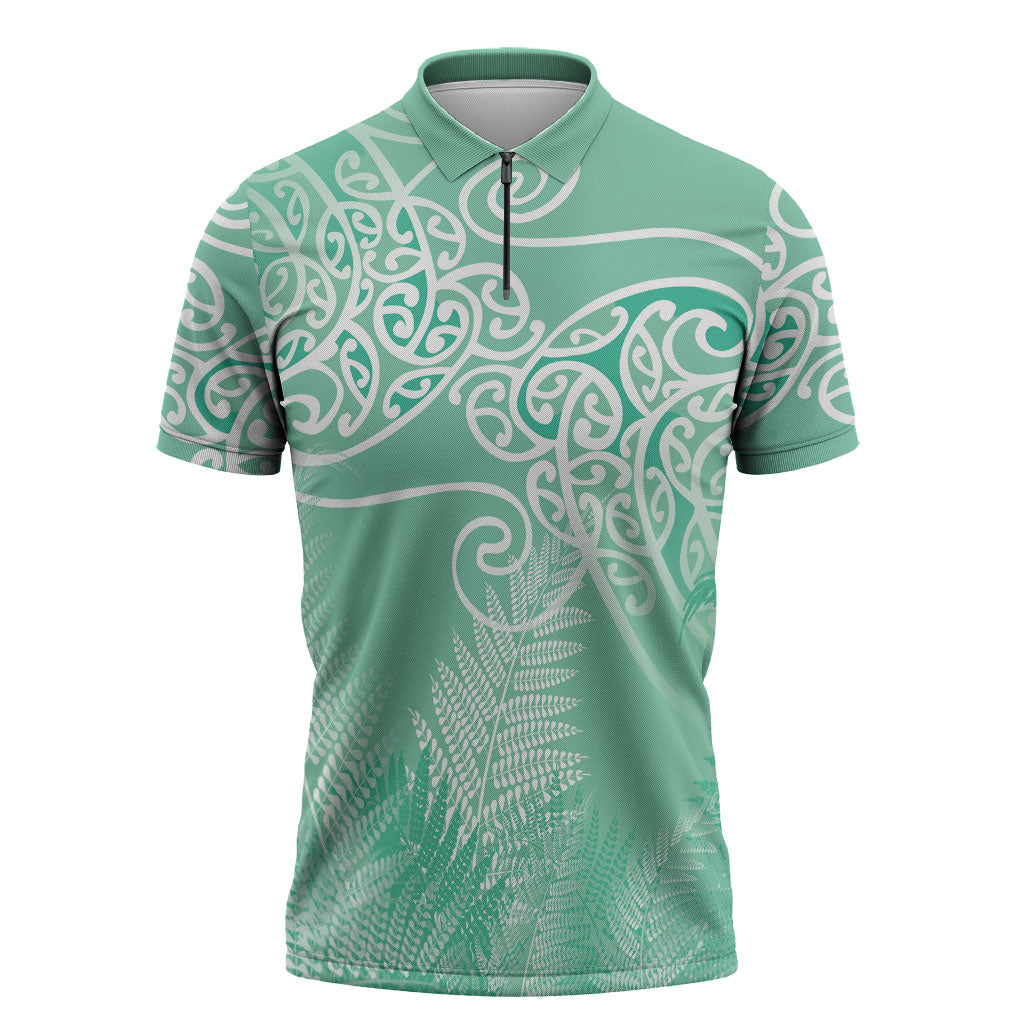 Aotearoa Maori Koru Curves Zipper Polo Shirt Silver Ferns - Mint