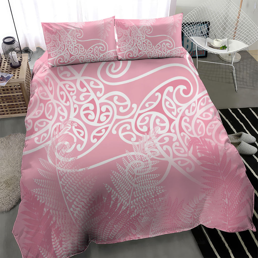 Aotearoa Maori Koru Curves Bedding Set Silver Ferns - Rose Pink