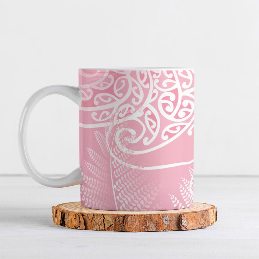 Aotearoa Maori Koru Curves Ceramic Mug Silver Ferns - Rose Pink