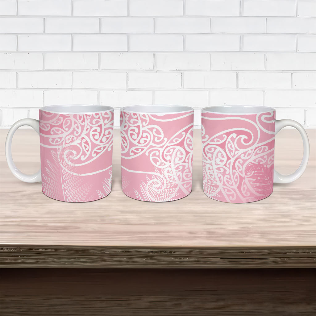 Aotearoa Maori Koru Curves Ceramic Mug Silver Ferns - Rose Pink