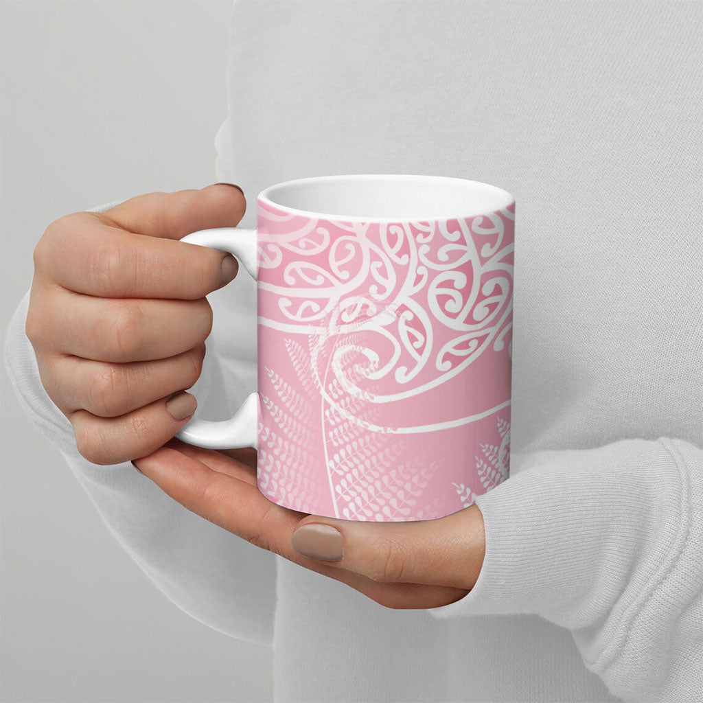 Aotearoa Maori Koru Curves Ceramic Mug Silver Ferns - Rose Pink