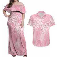 Aotearoa Maori Koru Curves Couples Matching Off Shoulder Maxi Dress and Hawaiian Shirt Silver Ferns - Rose Pink