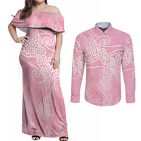 Aotearoa Maori Koru Curves Couples Matching Off Shoulder Maxi Dress and Long Sleeve Button Shirt Silver Ferns - Rose Pink