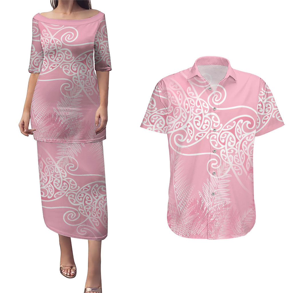 Aotearoa Maori Koru Curves Couples Matching Puletasi and Hawaiian Shirt Silver Ferns - Rose Pink LT7 Pink - Polynesian Pride