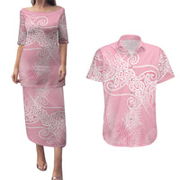 Aotearoa Maori Koru Curves Couples Matching Puletasi and Hawaiian Shirt Silver Ferns - Rose Pink LT7 Pink - Polynesian Pride