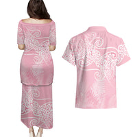 Aotearoa Maori Koru Curves Couples Matching Puletasi and Hawaiian Shirt Silver Ferns - Rose Pink LT7 - Polynesian Pride