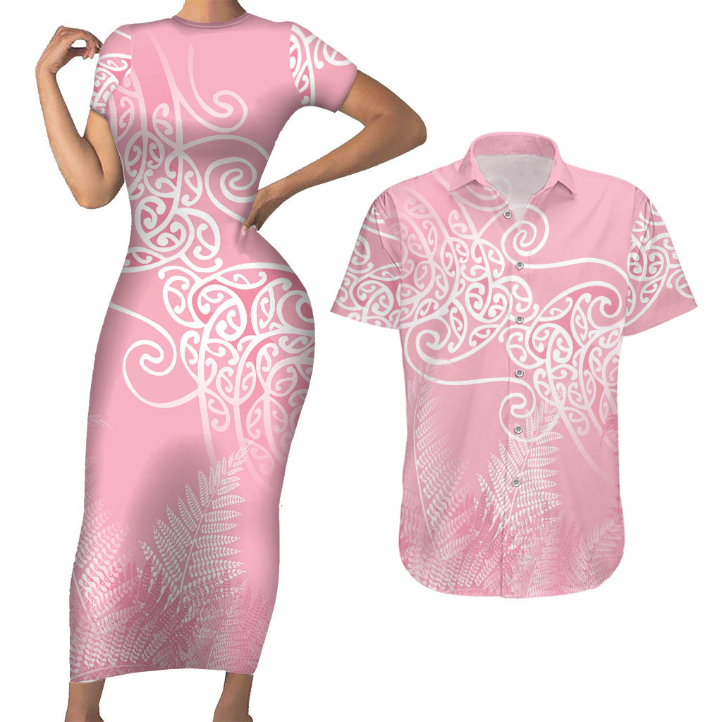 Aotearoa Maori Koru Curves Couples Matching Short Sleeve Bodycon Dress and Hawaiian Shirt Silver Ferns - Rose Pink LT7 Pink - Polynesian Pride