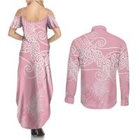 Aotearoa Maori Koru Curves Couples Matching Summer Maxi Dress and Long Sleeve Button Shirt Silver Ferns - Rose Pink LT7 - Polynesian Pride
