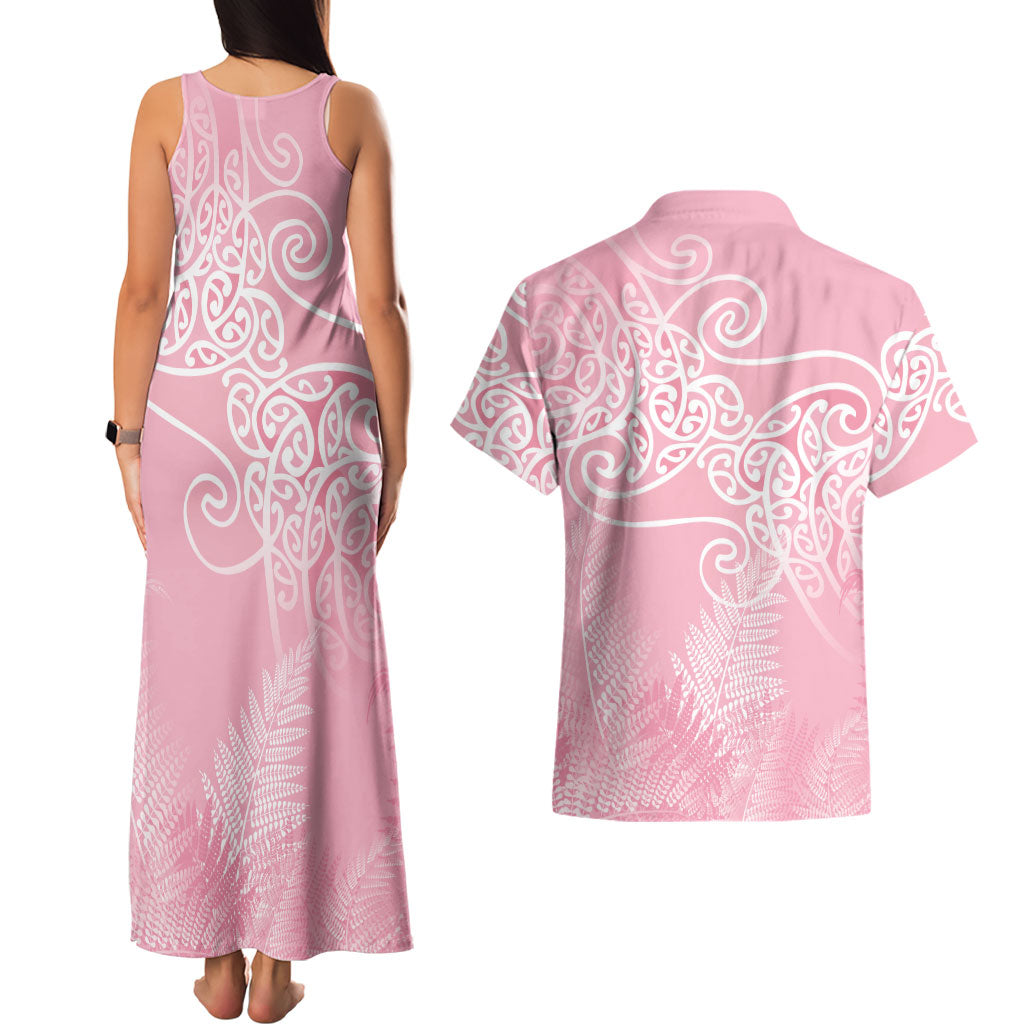 Aotearoa Maori Koru Curves Couples Matching Tank Maxi Dress and Hawaiian Shirt Silver Ferns - Rose Pink