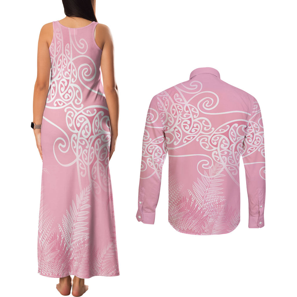 Aotearoa Maori Koru Curves Couples Matching Tank Maxi Dress and Long Sleeve Button Shirt Silver Ferns - Rose Pink