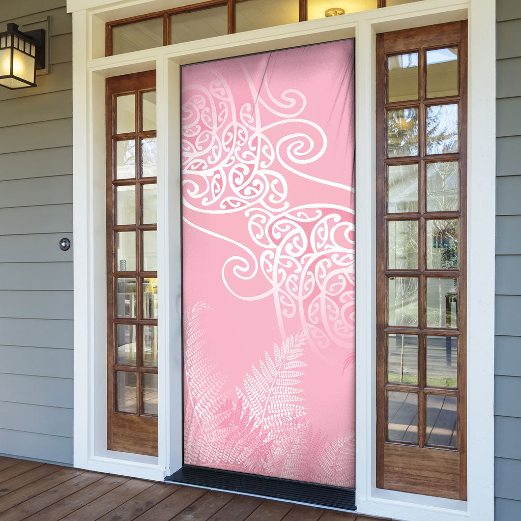 Aotearoa Maori Koru Curves Door Cover Silver Ferns - Rose Pink