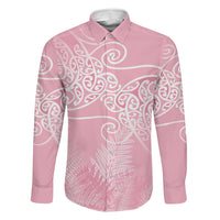 Aotearoa Maori Koru Curves Family Matching Off The Shoulder Long Sleeve Dress and Hawaiian Shirt Silver Ferns - Rose Pink LT7 Dad's Shirt - Long Sleeve Pink - Polynesian Pride