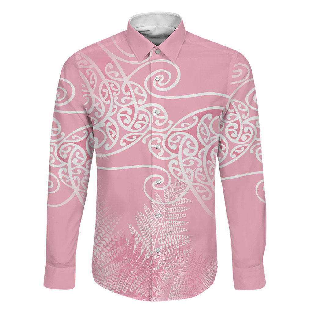 Aotearoa Maori Koru Curves Family Matching Short Sleeve Bodycon Dress and Hawaiian Shirt Silver Ferns - Rose Pink LT7 Dad's Shirt - Long Sleeve Pink - Polynesian Pride