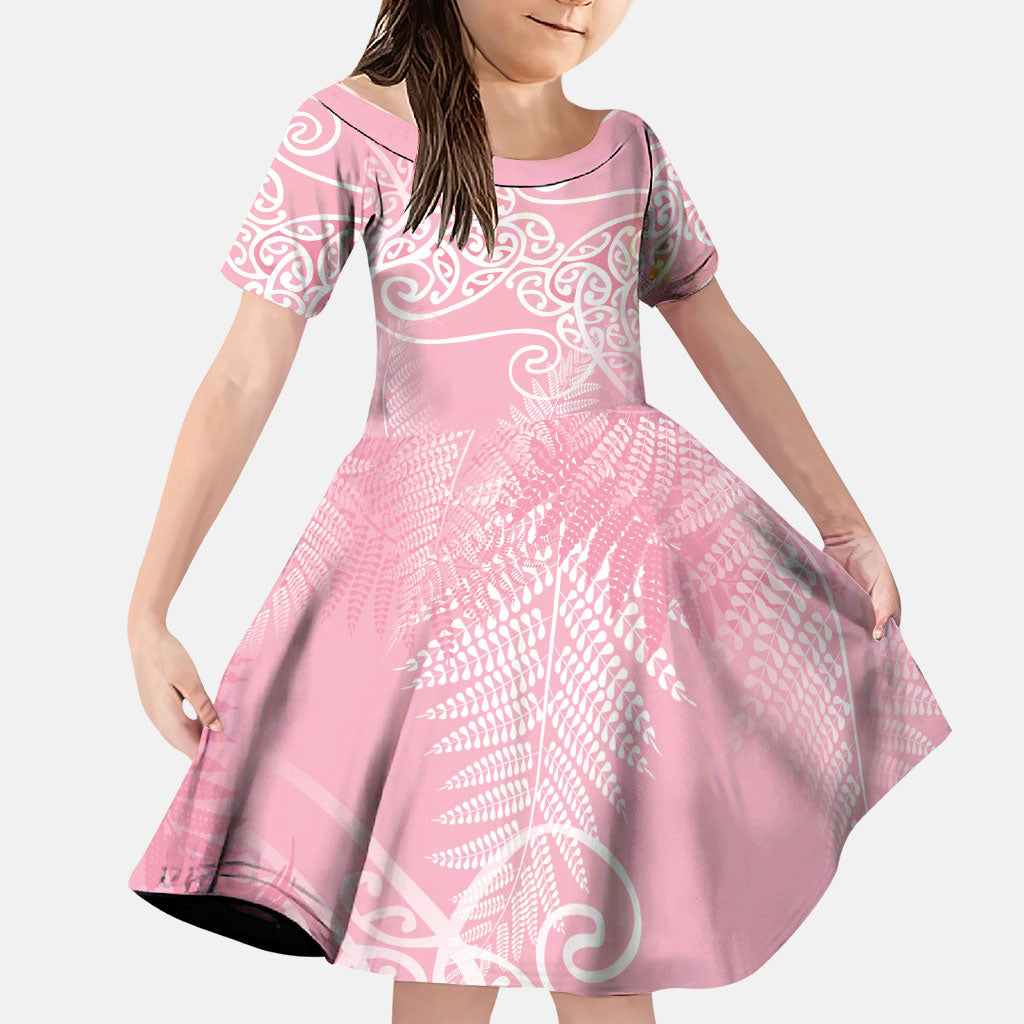 Aotearoa Maori Koru Curves Family Matching Tank Maxi Dress and Hawaiian Shirt Silver Ferns - Rose Pink LT7 Daughter's Dress Pink - Polynesian Pride