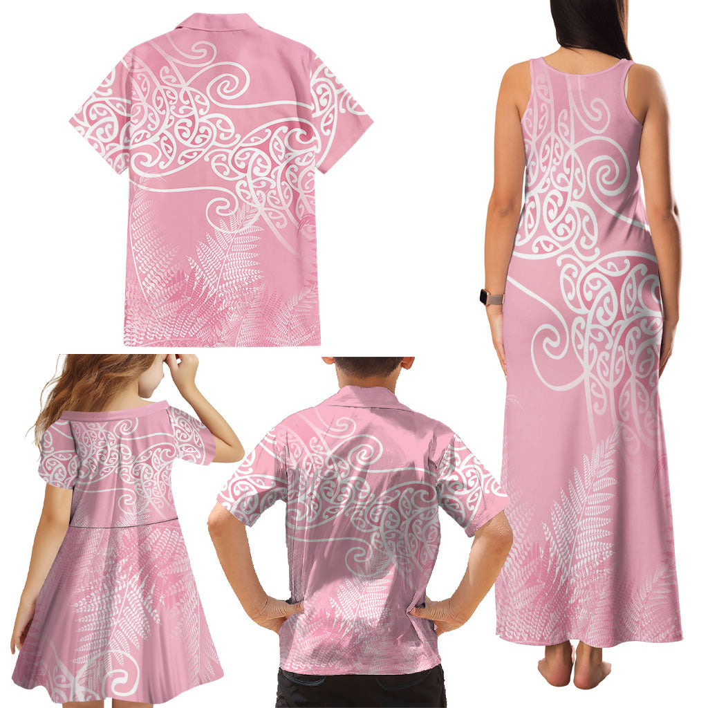 Aotearoa Maori Koru Curves Family Matching Tank Maxi Dress and Hawaiian Shirt Silver Ferns - Rose Pink LT7 - Polynesian Pride